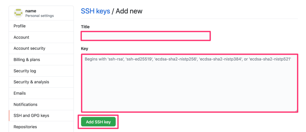 GithubにSSH公開鍵を設定する